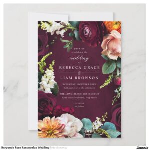 Burgundy Rose Ranunculus Wedding Invitation
