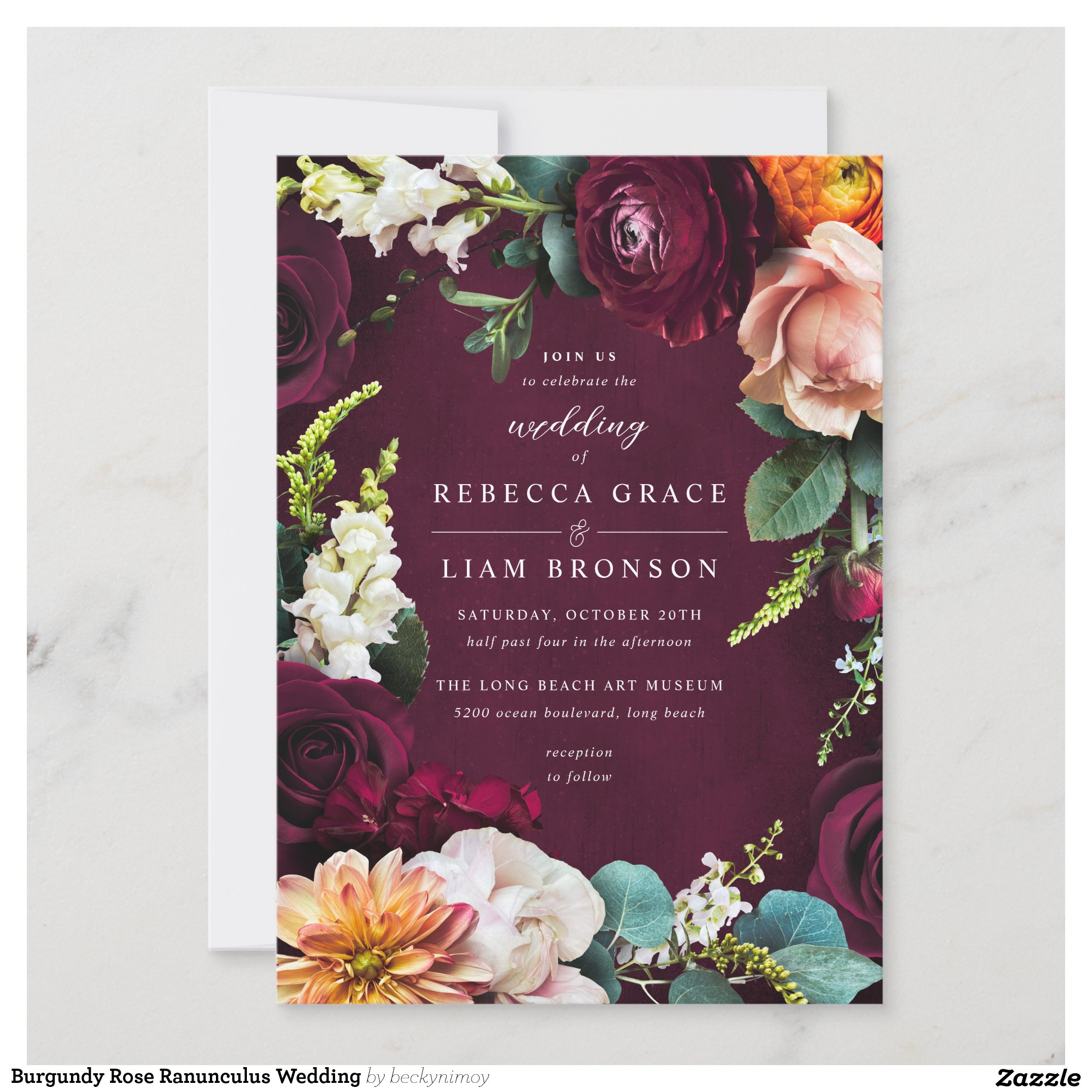 Burgundy Rose Ranunculus Wedding Invitation