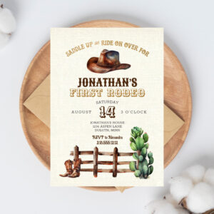 Burlap Gold Cowboy First Rodeo Birthday Invitation