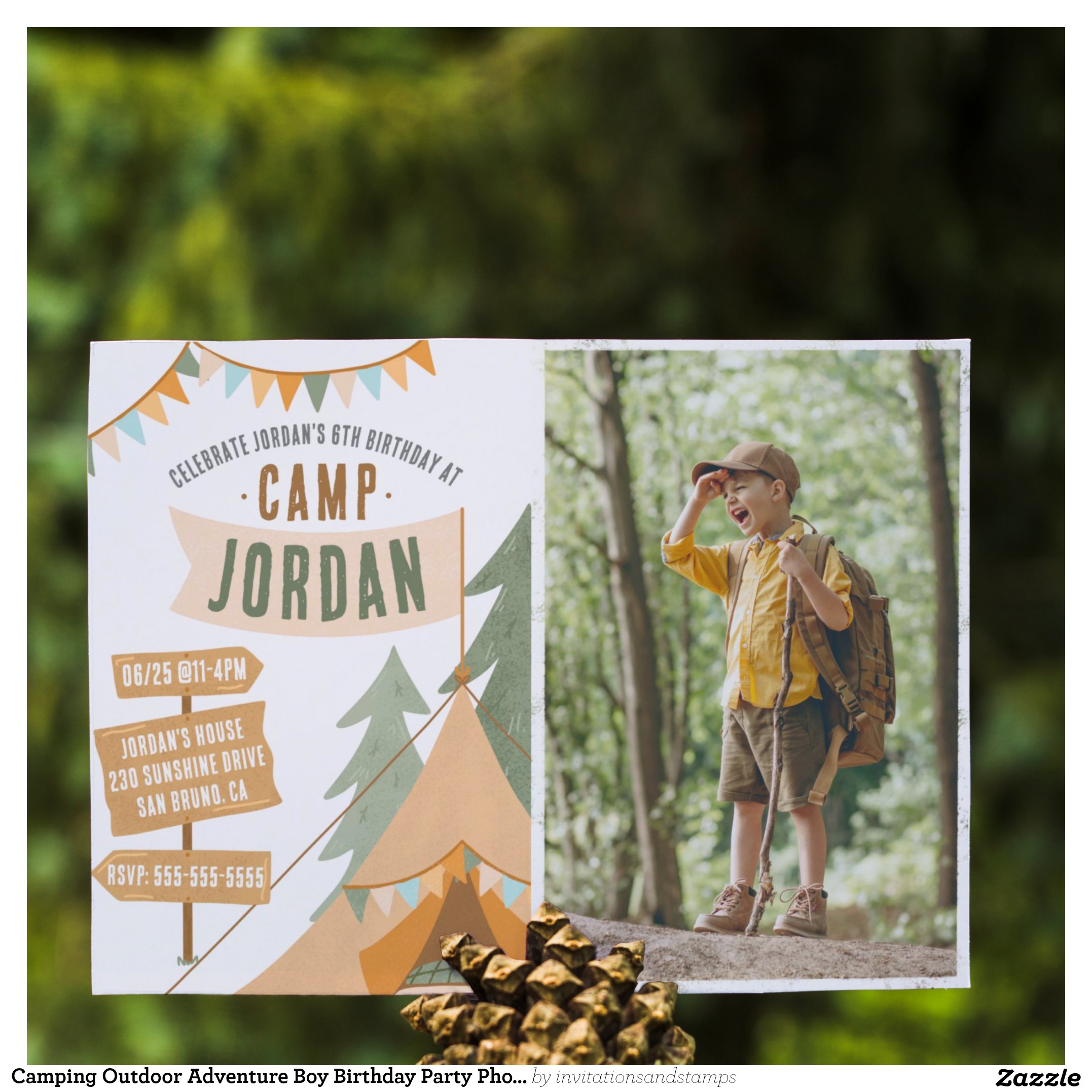 Camping Outdoor Adventure Boy Birthday Party Photo Invitation