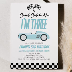 Can't Catch Me Blue Race Car 3rd Birthday Party Invitation