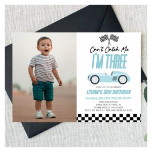 Can't Catch Me Blue Race Car 3rd Birthday Party Invitation