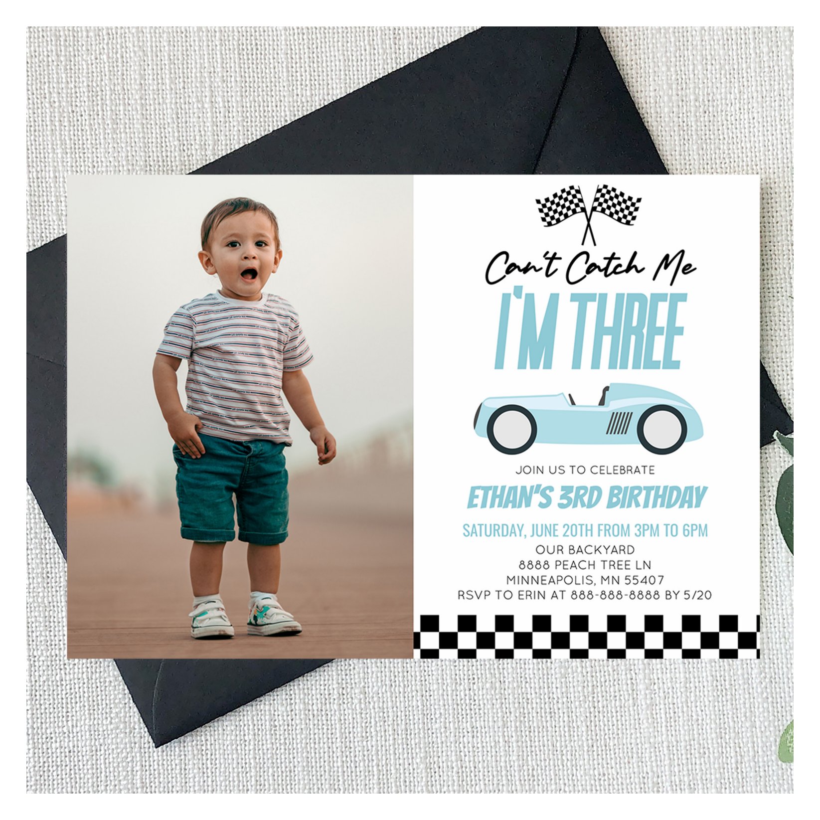 Can't Catch Me Blue Race Car 3rd Birthday Party Invitation