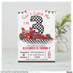 Can't Catch Me I'm 3 Red Race Birthday Boy Invitation