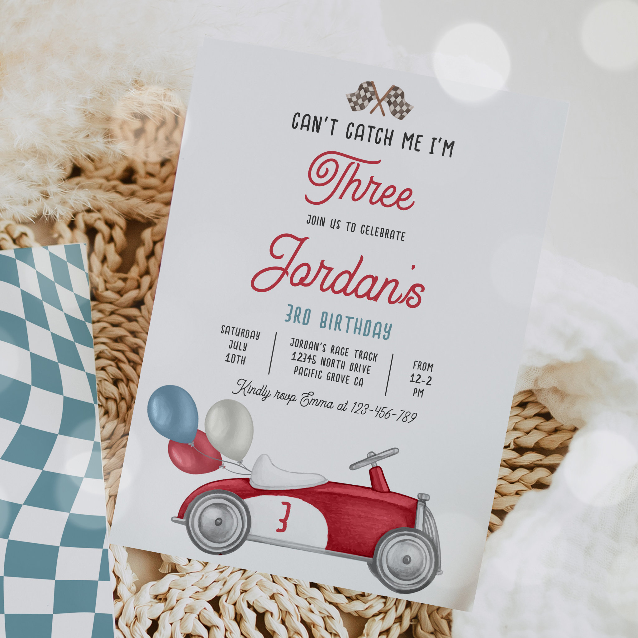 Can't Catch Me I'm Three Race Car 3rd Birthday Invitation