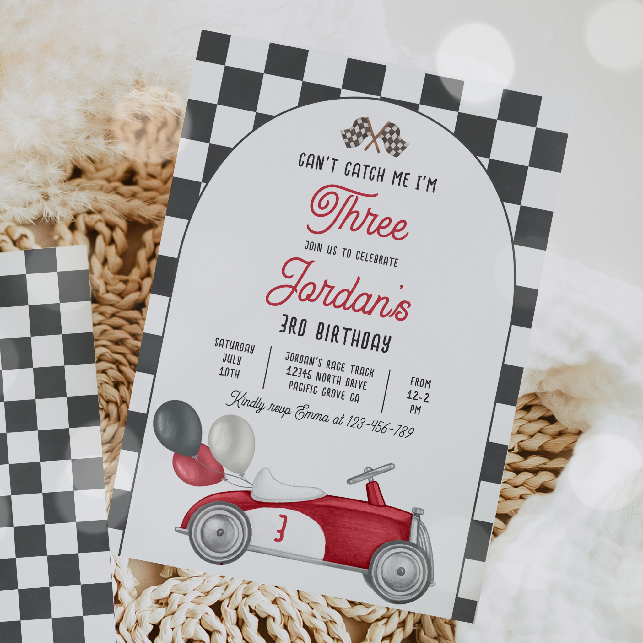 Can't Catch Me I'm Three Race Car 3rd Birthday Invitation