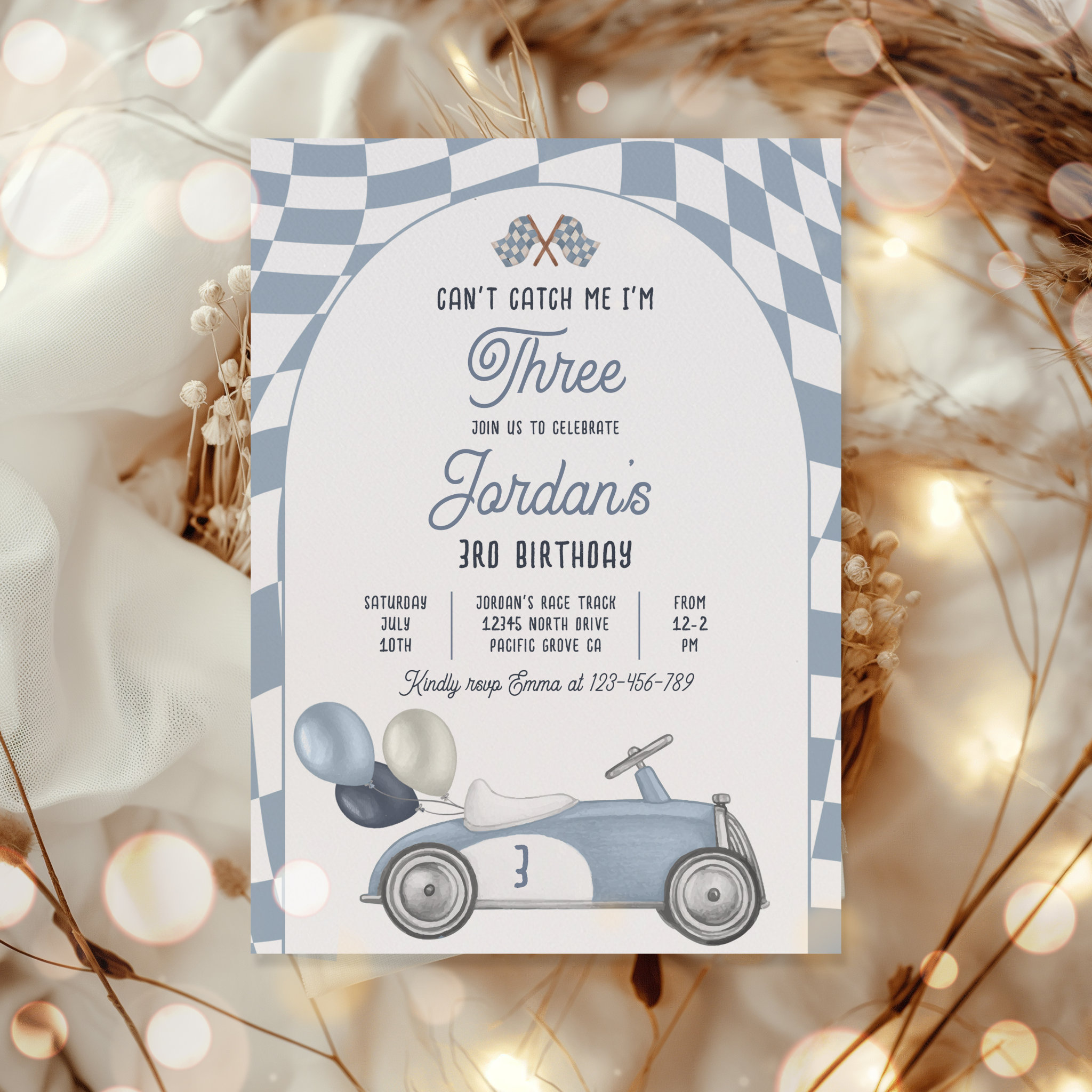 Can't Catch Me I'm Three Race Car 3rd Birthday Invitation