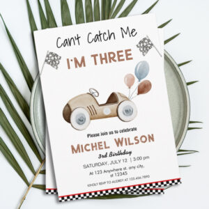 Can't Catch Me I'm Three race car Birthday Boy Invitation
