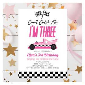Can't Catch Me Pink Race Car 3rd Birthday Party Invitation