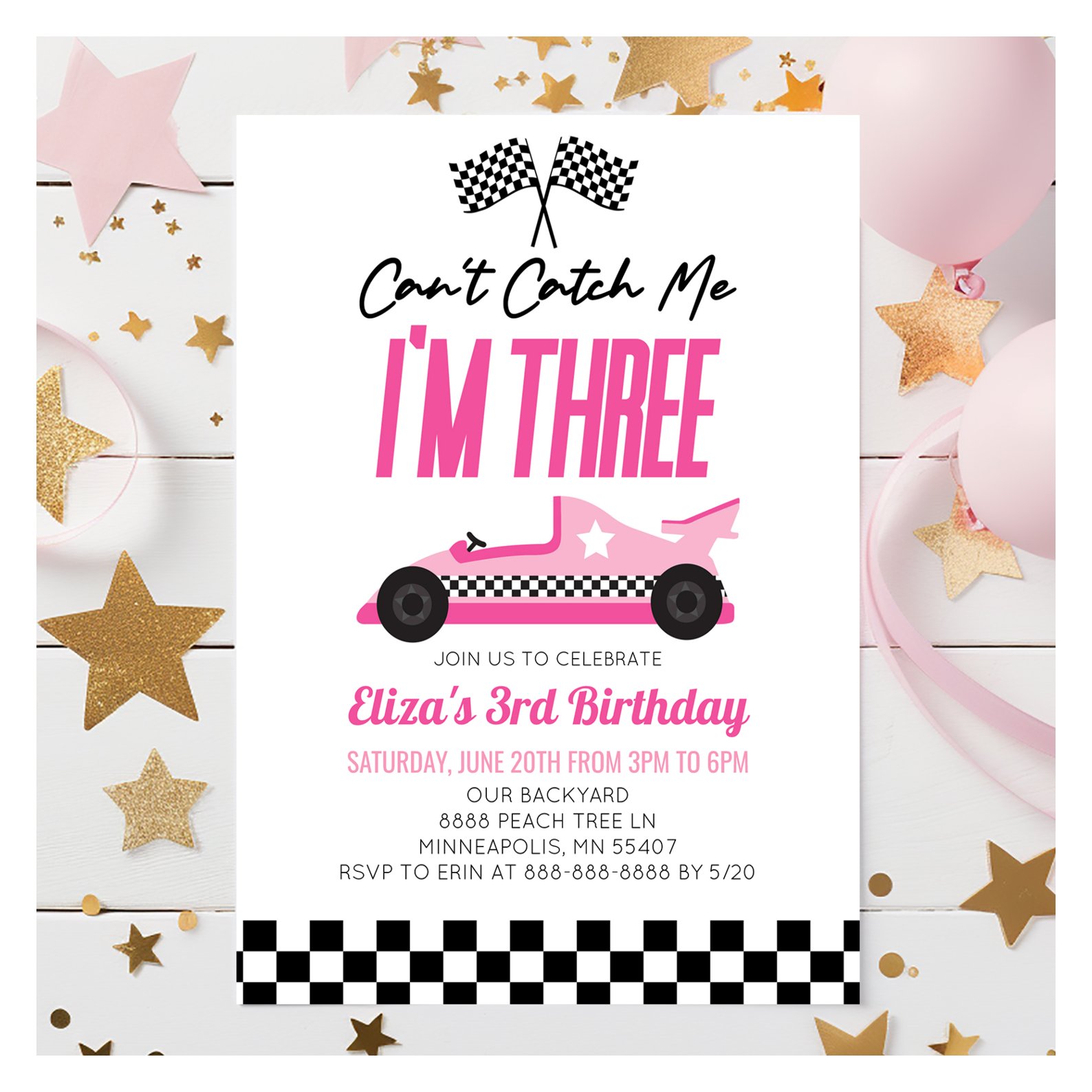 Can't Catch Me Pink Race Car 3rd Birthday Party Invitation