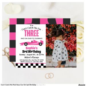 Can't Catch Me Pink Race Car Girl 3rd Birthday  Invitation