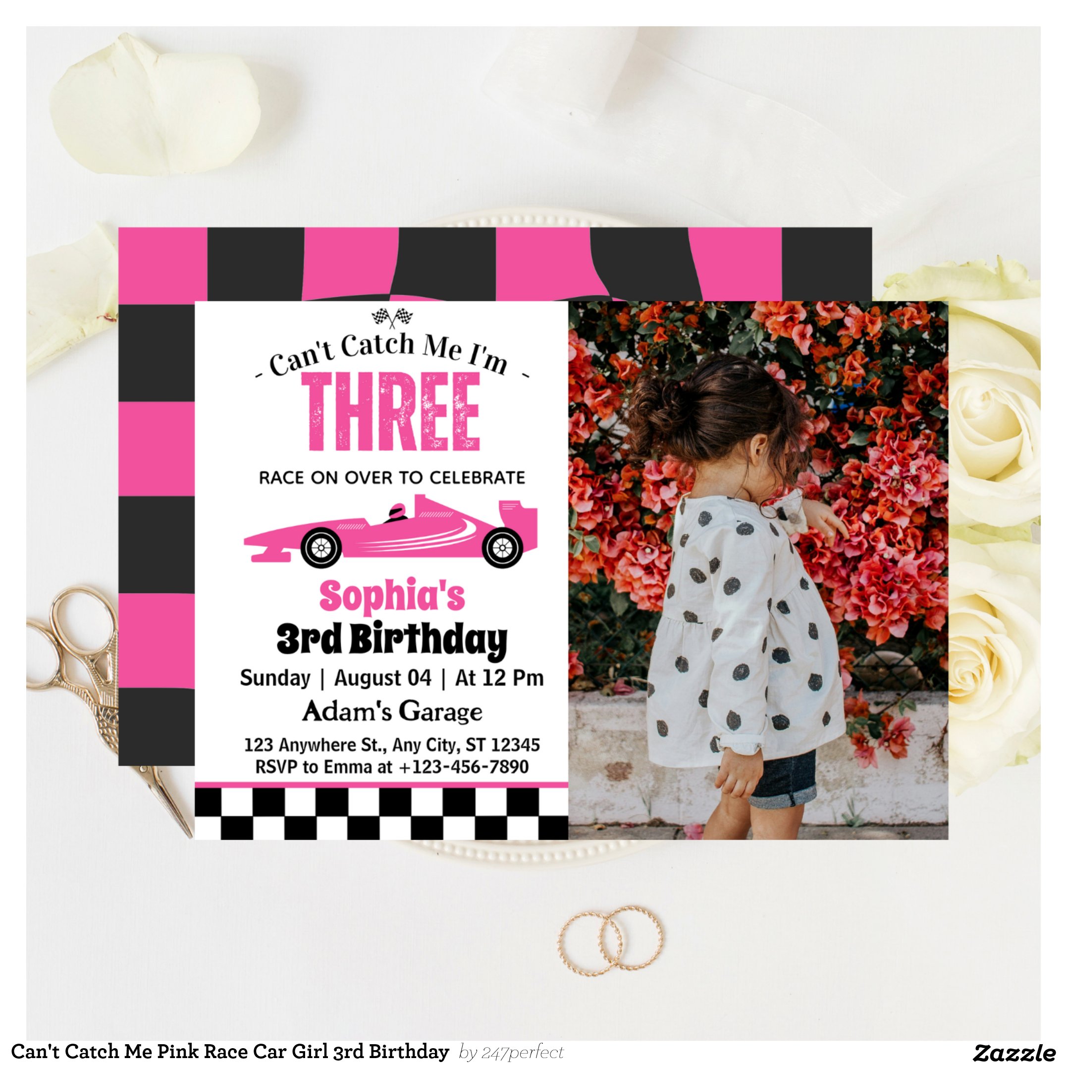 Can't Catch Me Pink Race Car Girl 3rd Birthday  Invitation