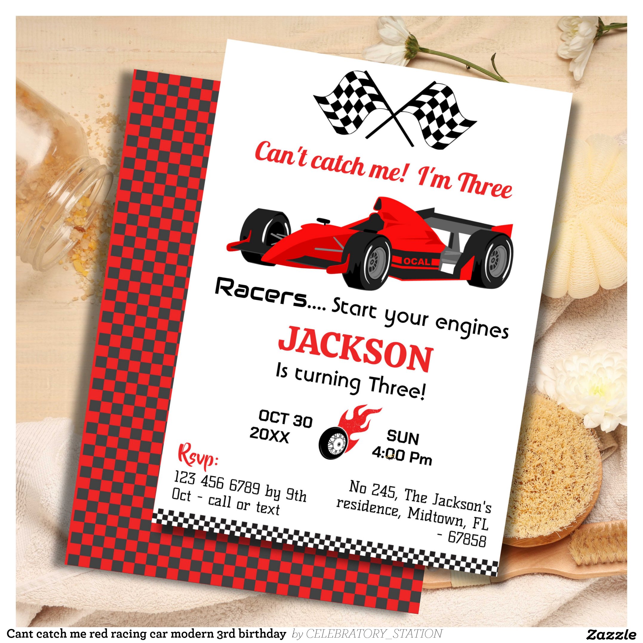 Cant catch me red racing car modern 3rd birthday  invitation