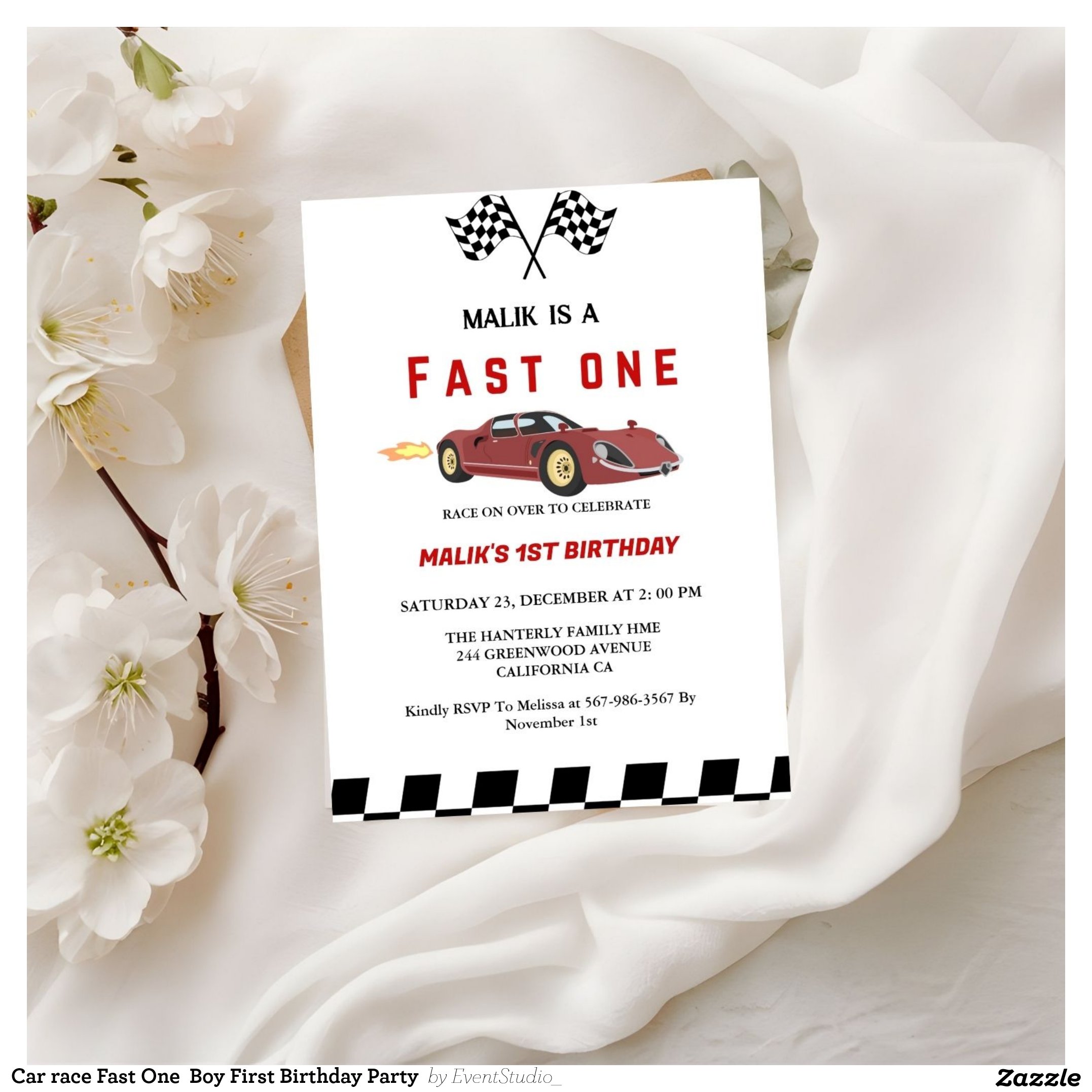 Car race Fast One  Boy First Birthday Party  Invitation