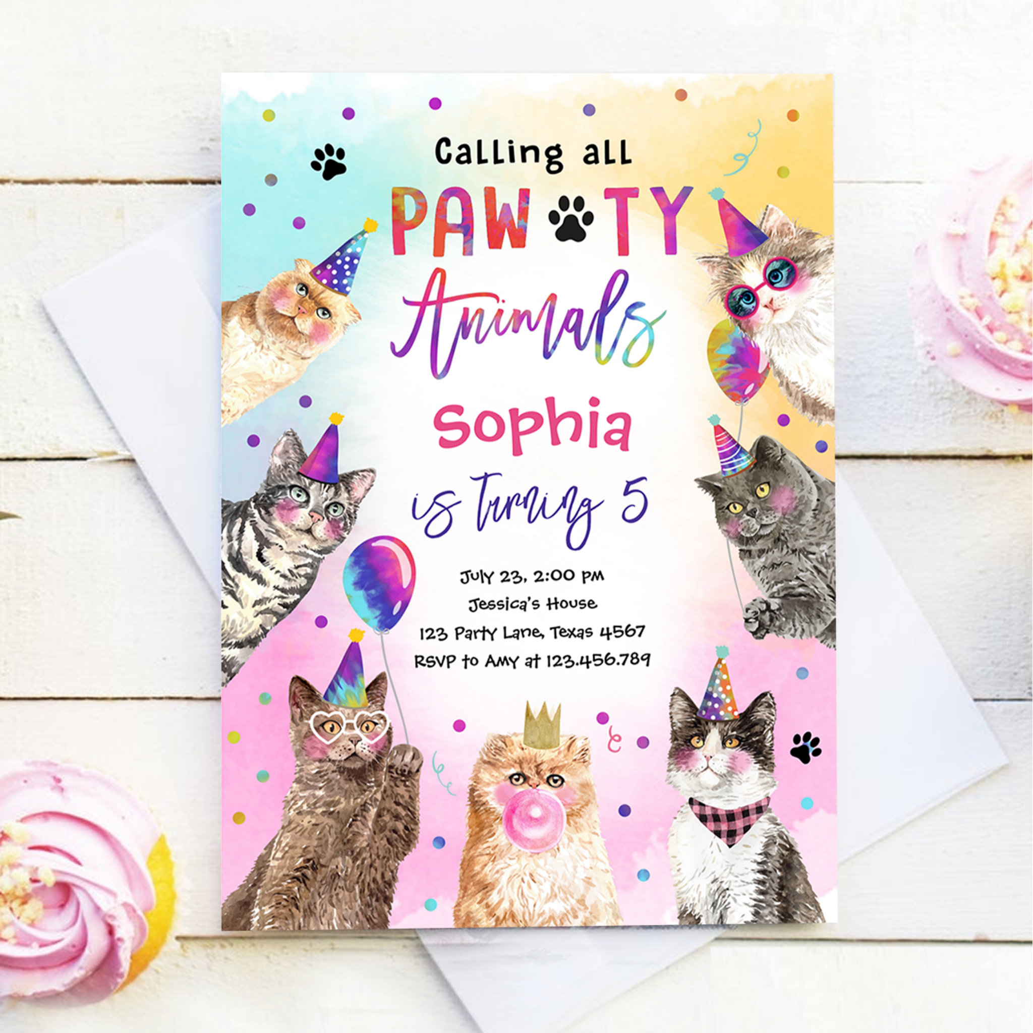 Cat Kitten Party Pawty Animals Girl Birthday Invitation