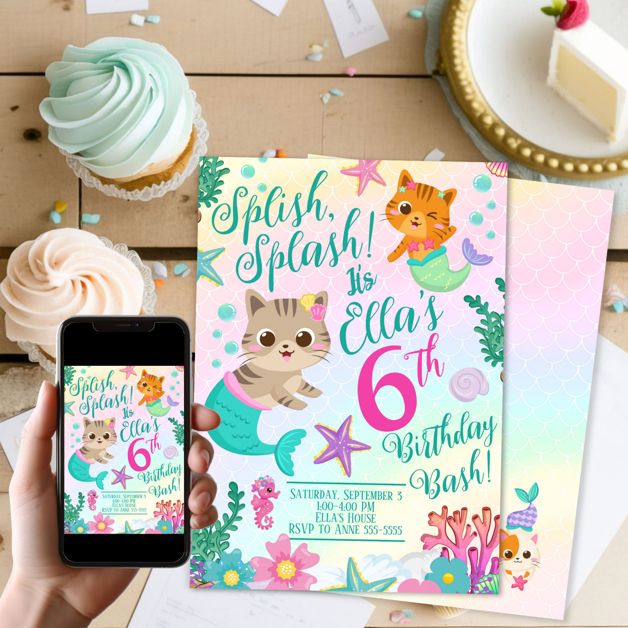 Cat Meowmaid Mermaid Girl Birthday Party Invitation