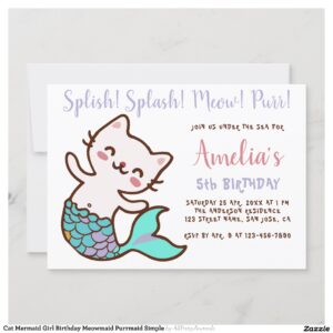 Cat Mermaid Girl Birthday Meowmaid Purrmaid Simple Invitation