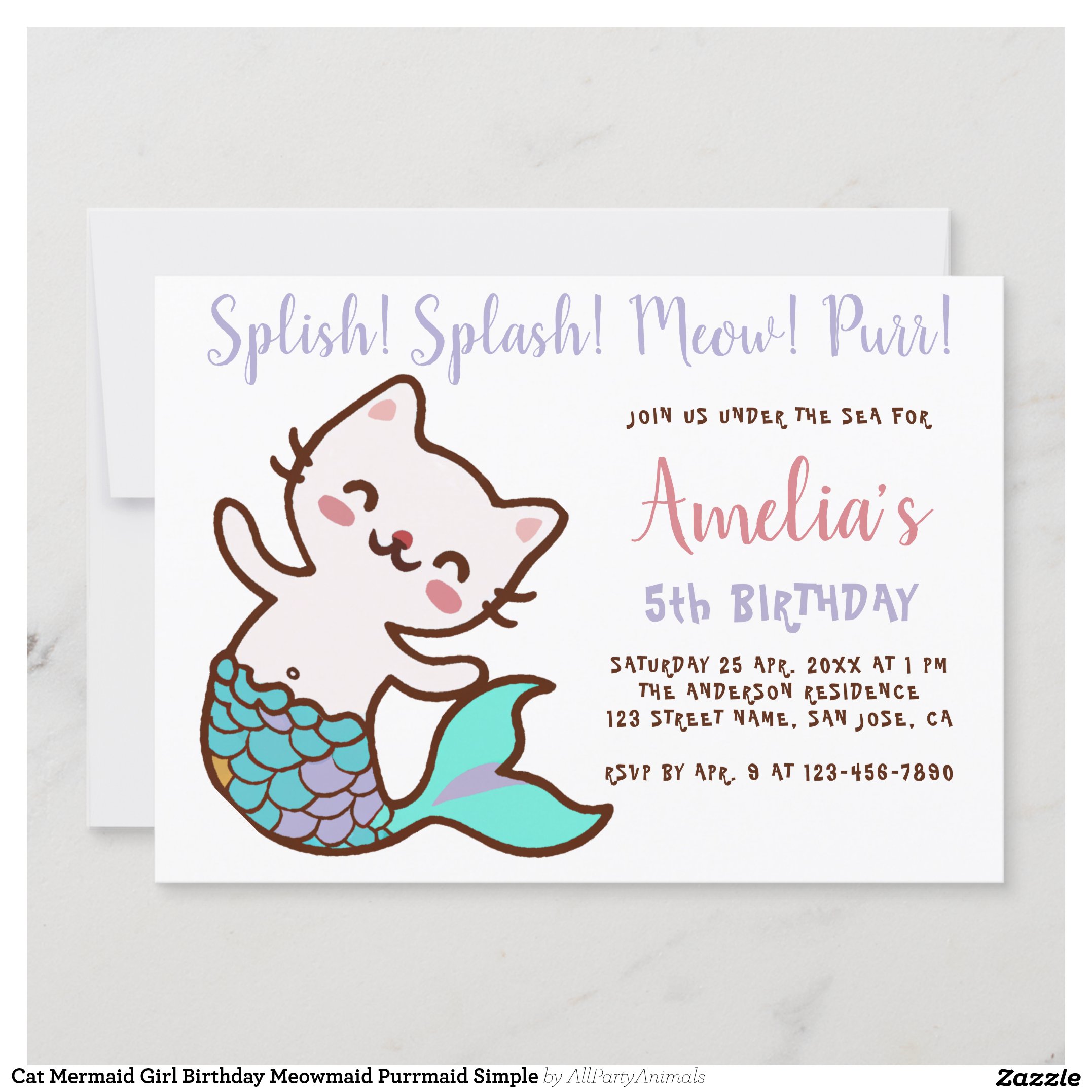 Cat Mermaid Girl Birthday Meowmaid Purrmaid Simple Invitation