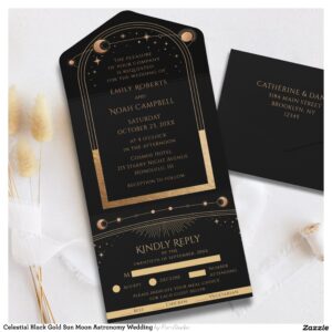 Celestial Black Gold Sun Moon Astronomy Wedding All In One Invitation