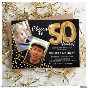 Chalkboard Gold Balloons 2 Photo 50th Birthday Invitation