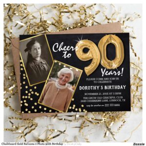 Chalkboard Gold Balloons 2 Photo 90th Birthday Invitation