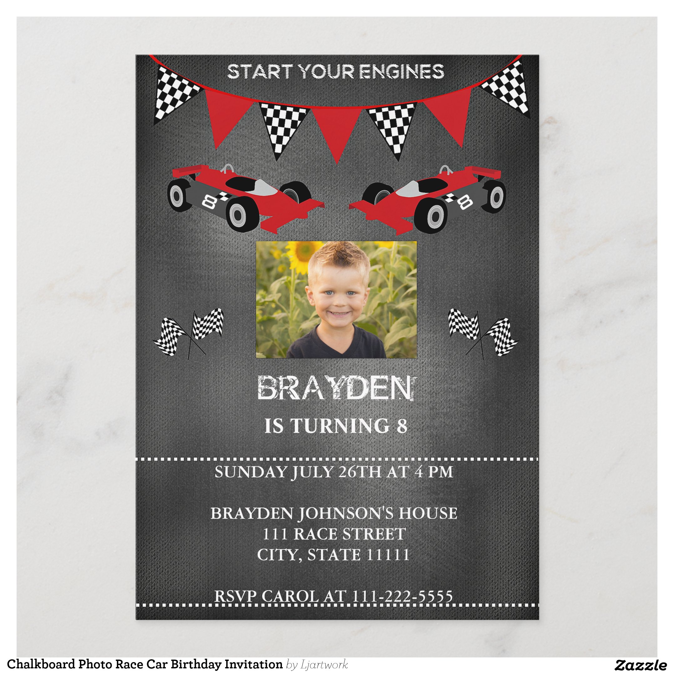 Chalkboard Photo Race Car Birthday Invitation