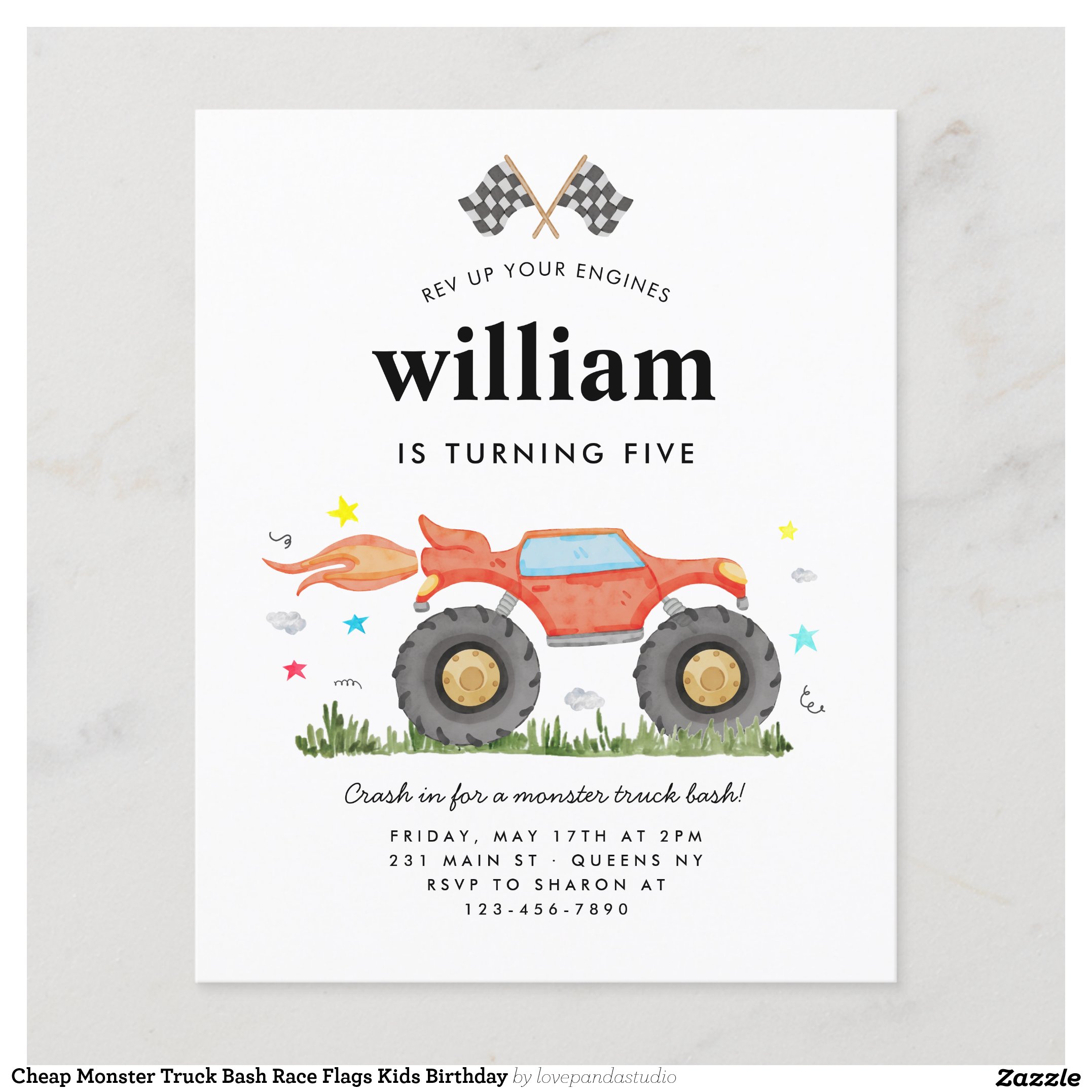 Cheap Monster Truck Bash Race Flags Kids Birthday Flyer