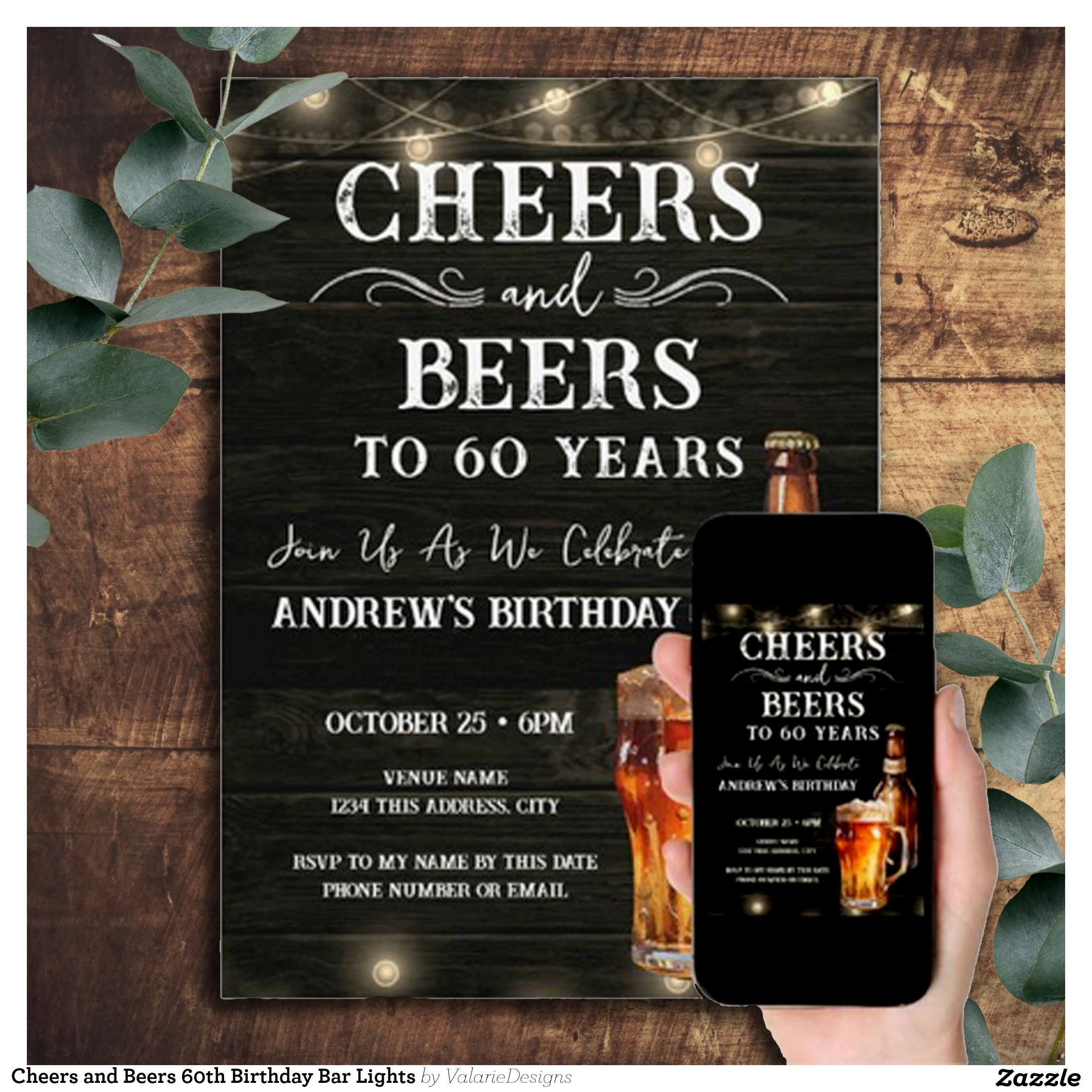 Cheers and Beers 60th Birthday Bar Lights Invitation