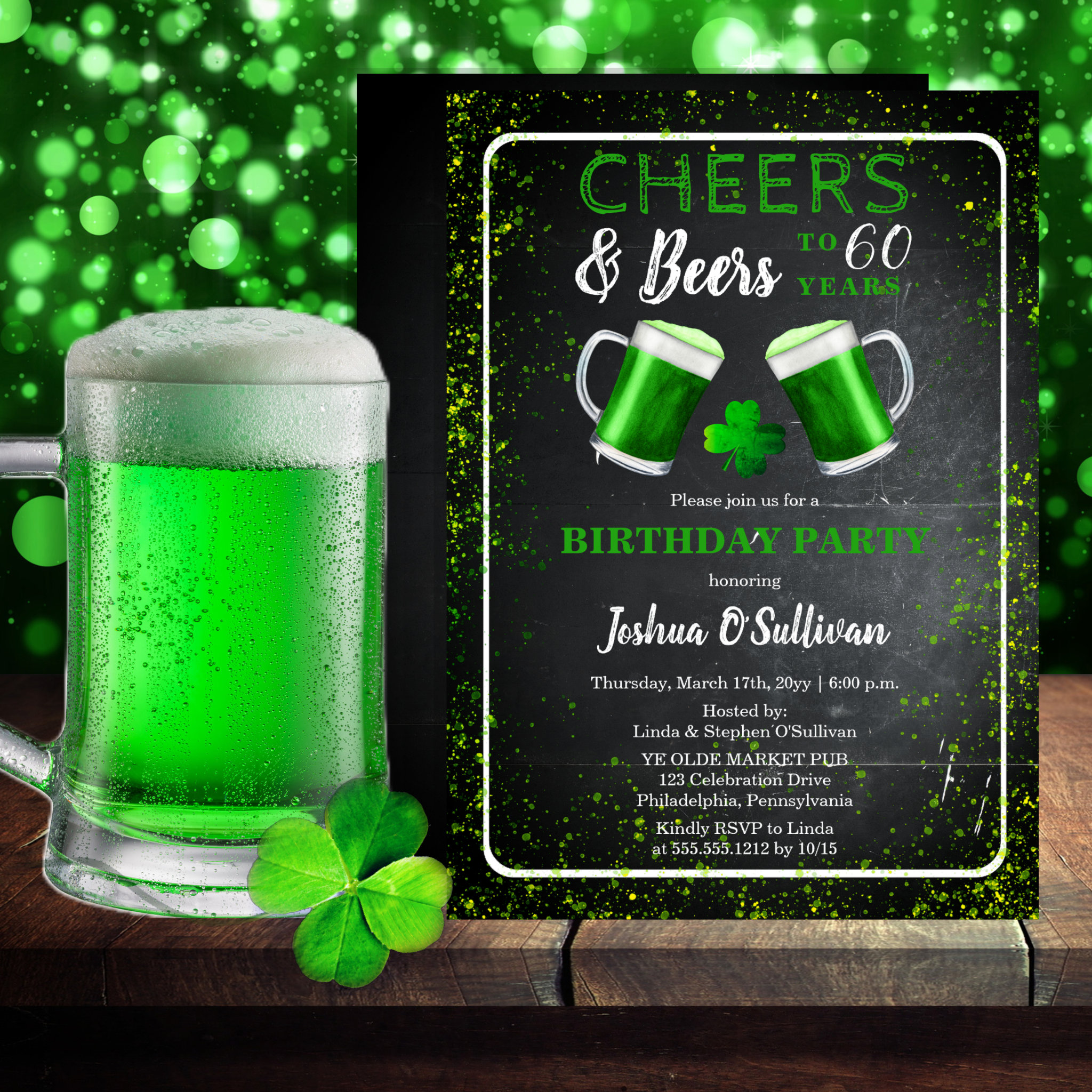 Cheers and Beers St. Patricks 60th Birthday Party Invitation