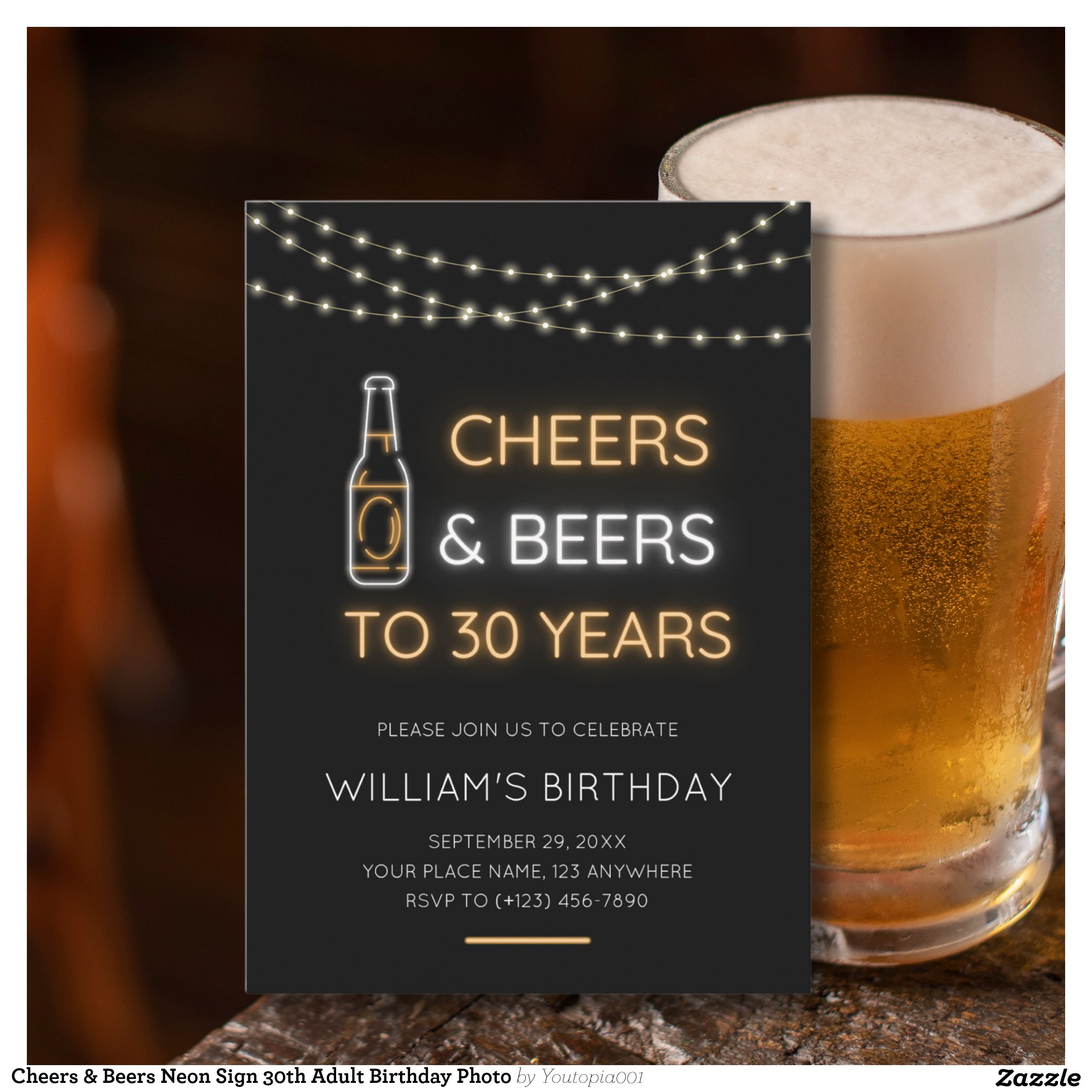 Cheers & Beers Neon Sign 30th Adult Birthday Photo Invitation