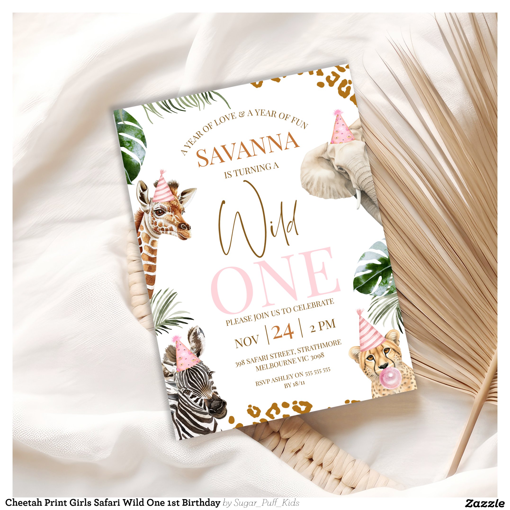 Cheetah Print Girls Safari Wild One 1st Birthday Invitation