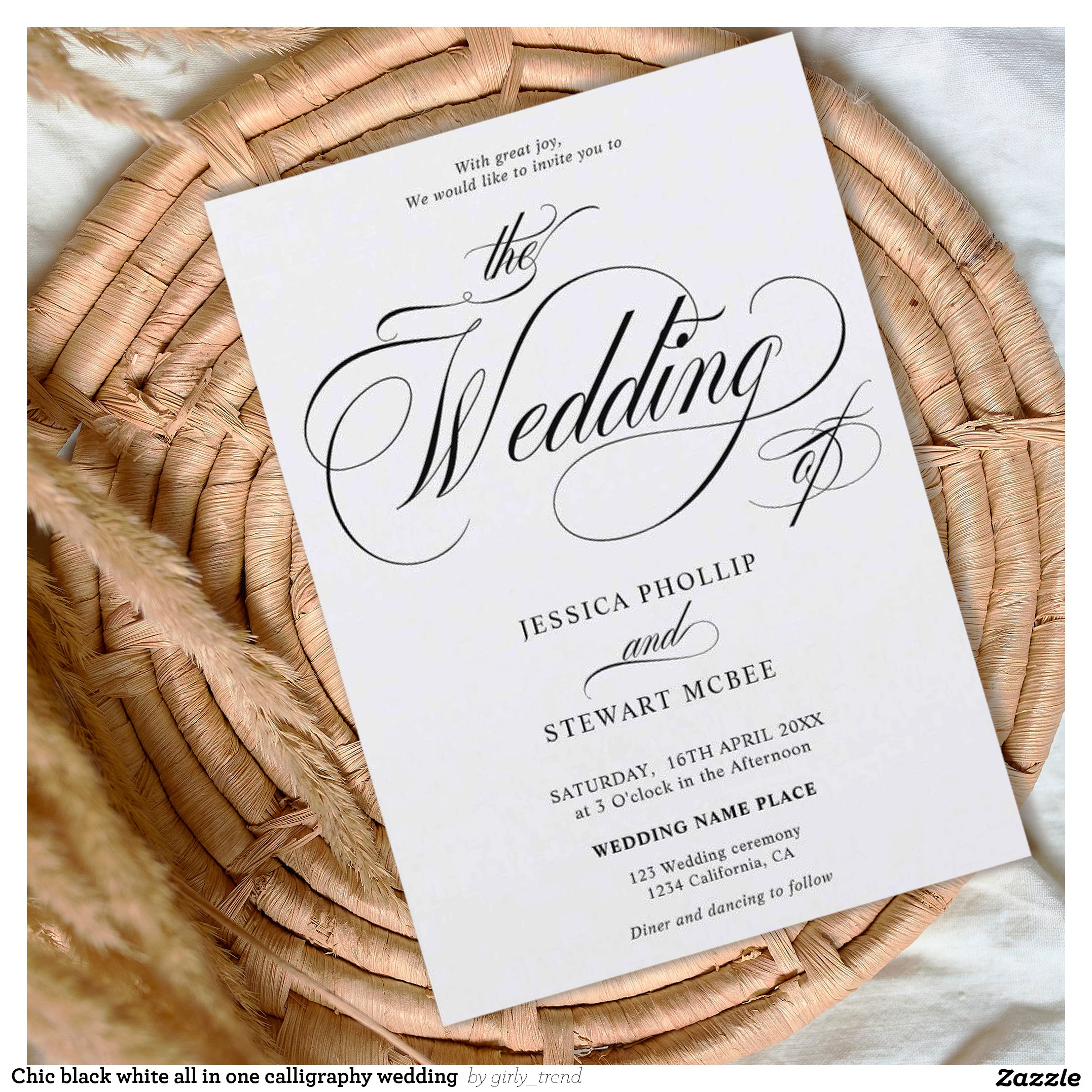 Chic black white all in one calligraphy wedding  invitation