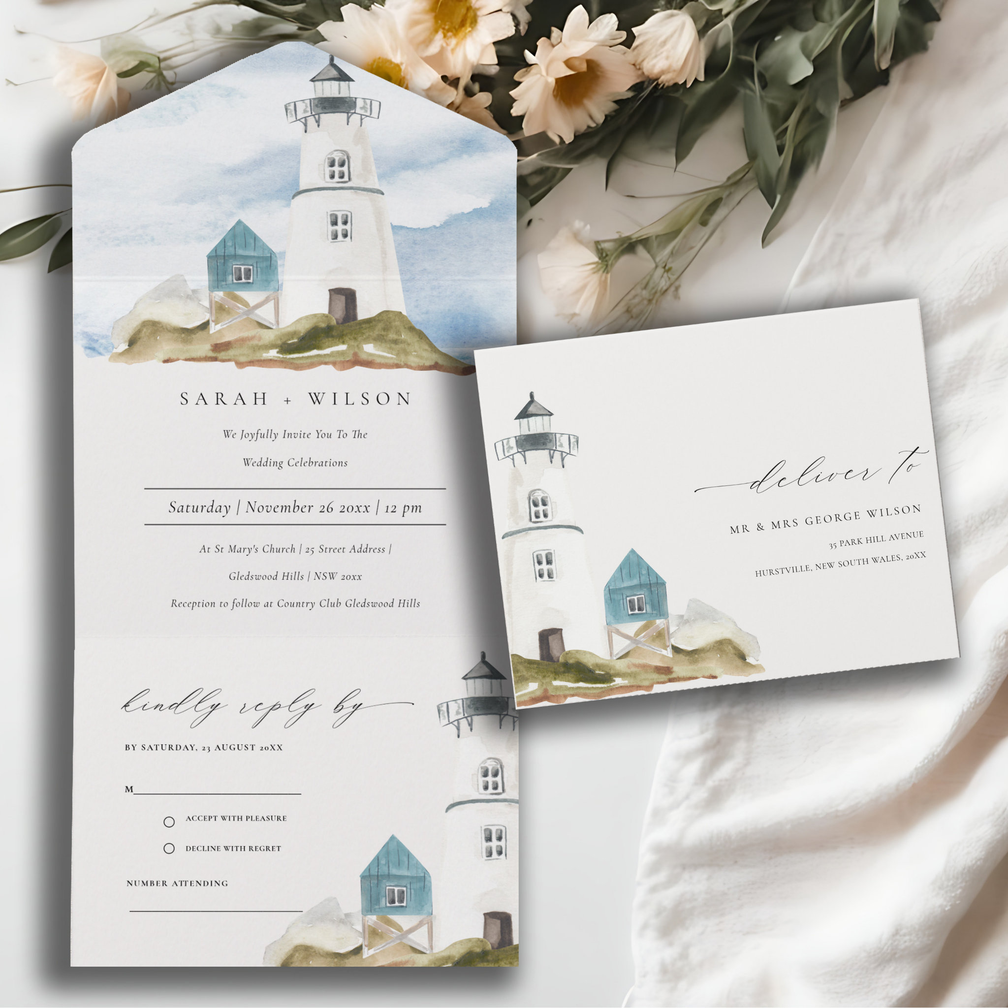 Chic Dusky Aqua Blue Lighthouse Mountain Wedding All In One Invitation