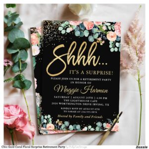 Chic Gold Coral Floral Surprise Retirement Party Invitation