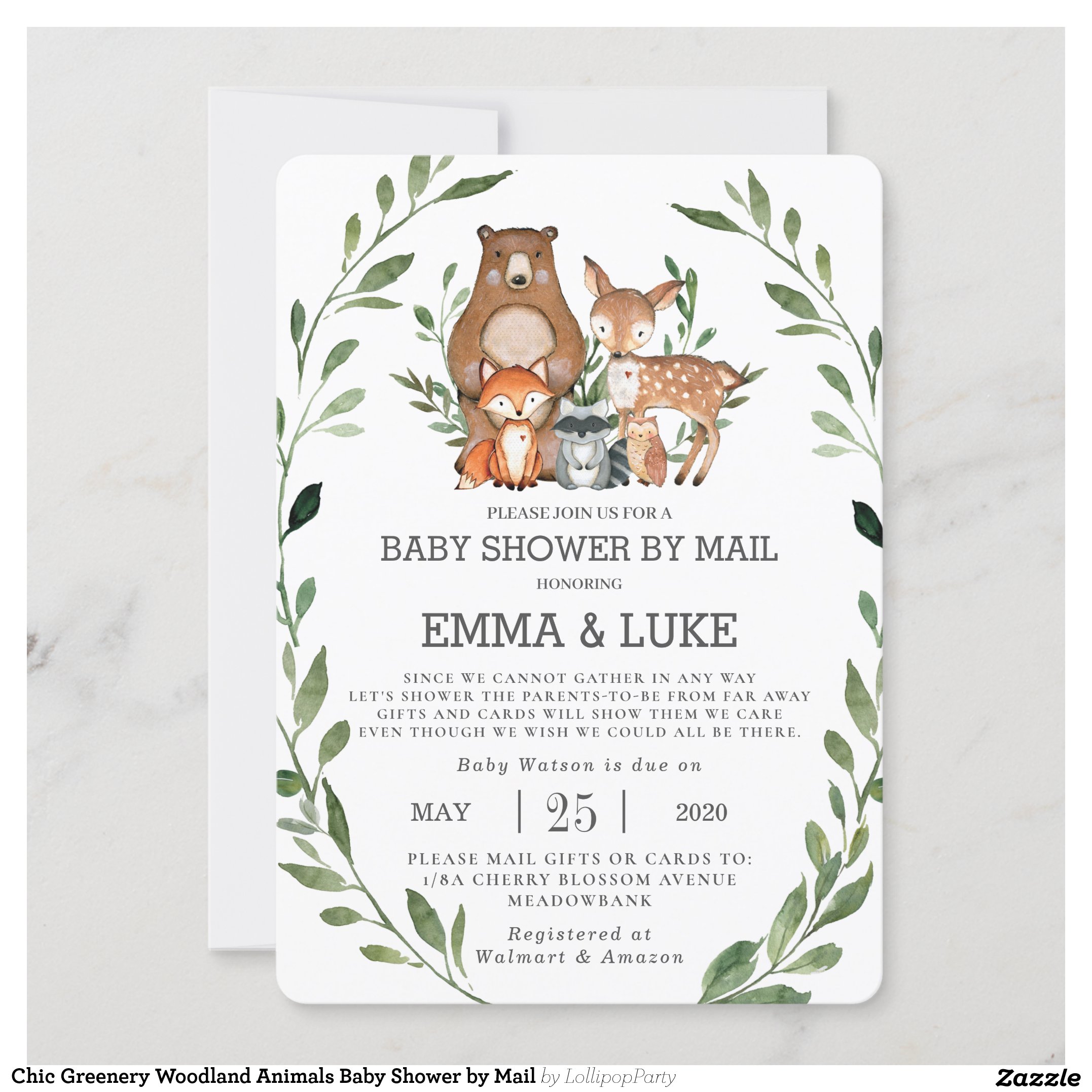 Chic Greenery Woodland Animals Baby Shower by Mail Invitation
