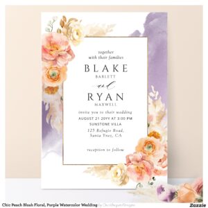Chic Peach Blush Floral, Purple Watercolor Wedding Invitation