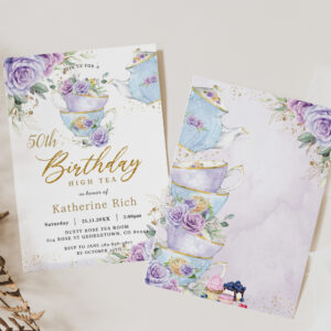 Chic Purple Floral High Tea 50th Birthday Party Invitation