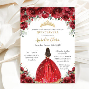 Chic Quincea?era Red Floral Roses Princess Tiara Invitation