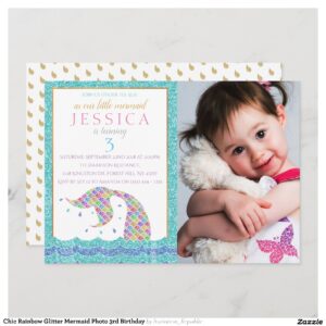 Chic Rainbow Glitter Mermaid Photo 3rd Birthday Invitation