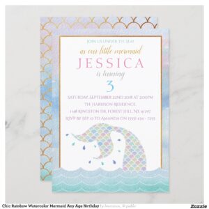 Chic Rainbow Watercolor Mermaid Any Age Birthday Invitation
