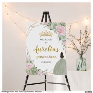 Chic Sage Green Pink Floral Quincea?era Welcome Foam Board