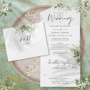 Chic Script Greenery Floral Details RSVP Wedding All In One Invitation