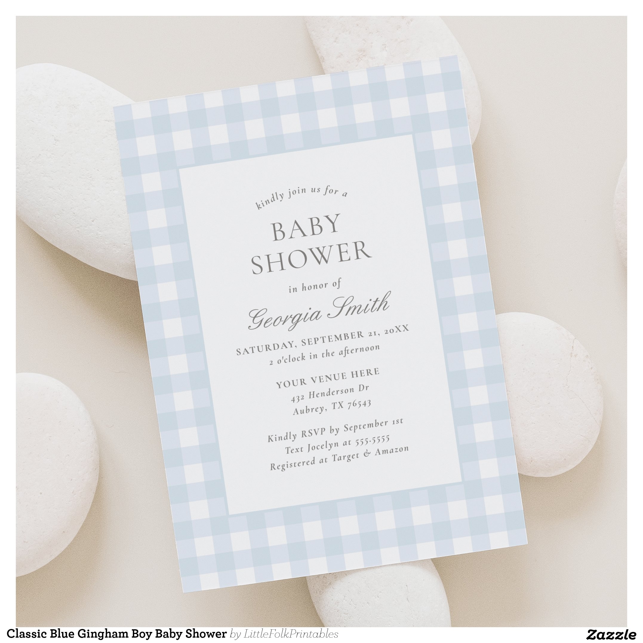 Classic Blue Gingham Boy Baby Shower Invitation