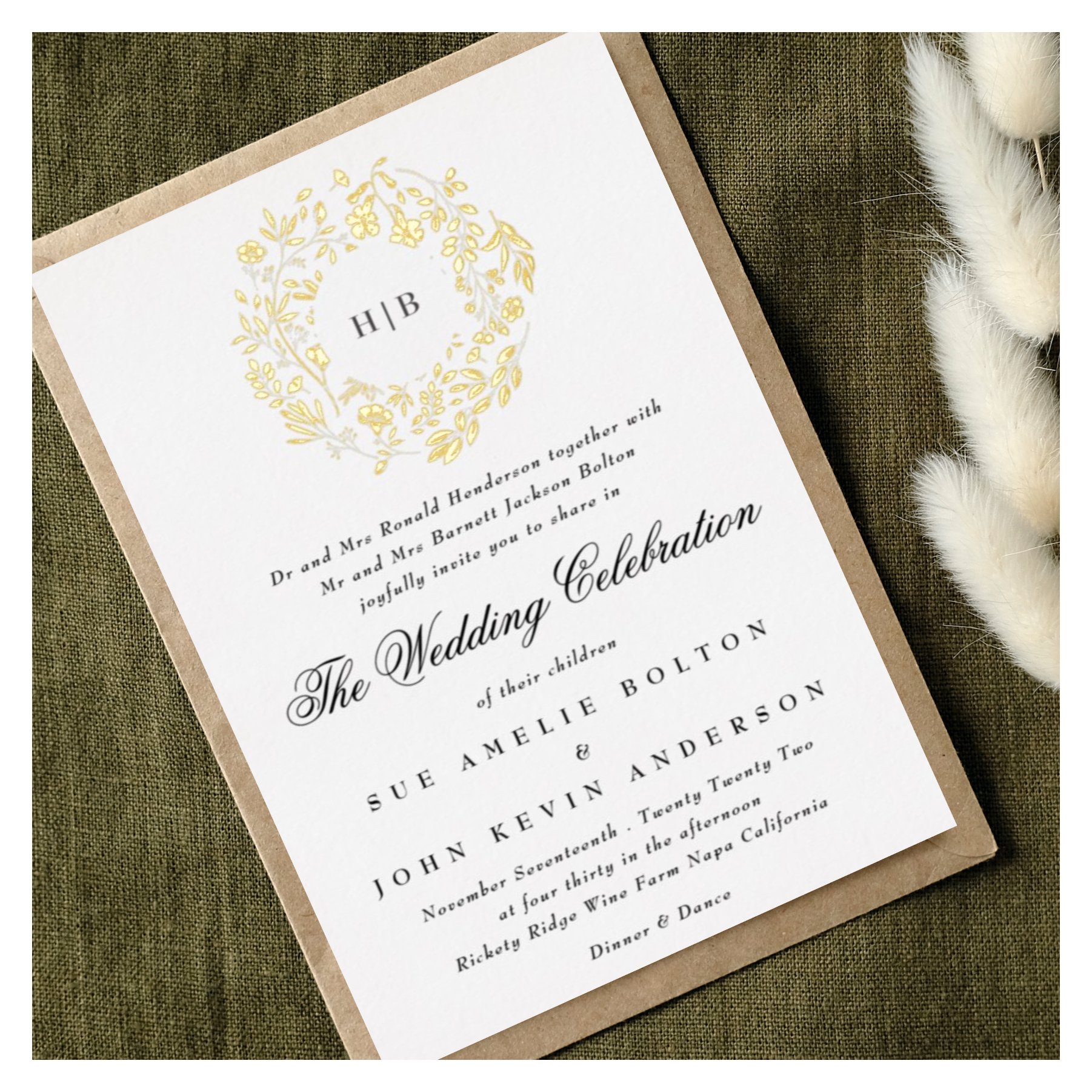 Classic Botanical Floral Wreath Wedding Foil Invitation