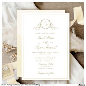 Classic Monogram Champagne Watercolor Wedding Invitation