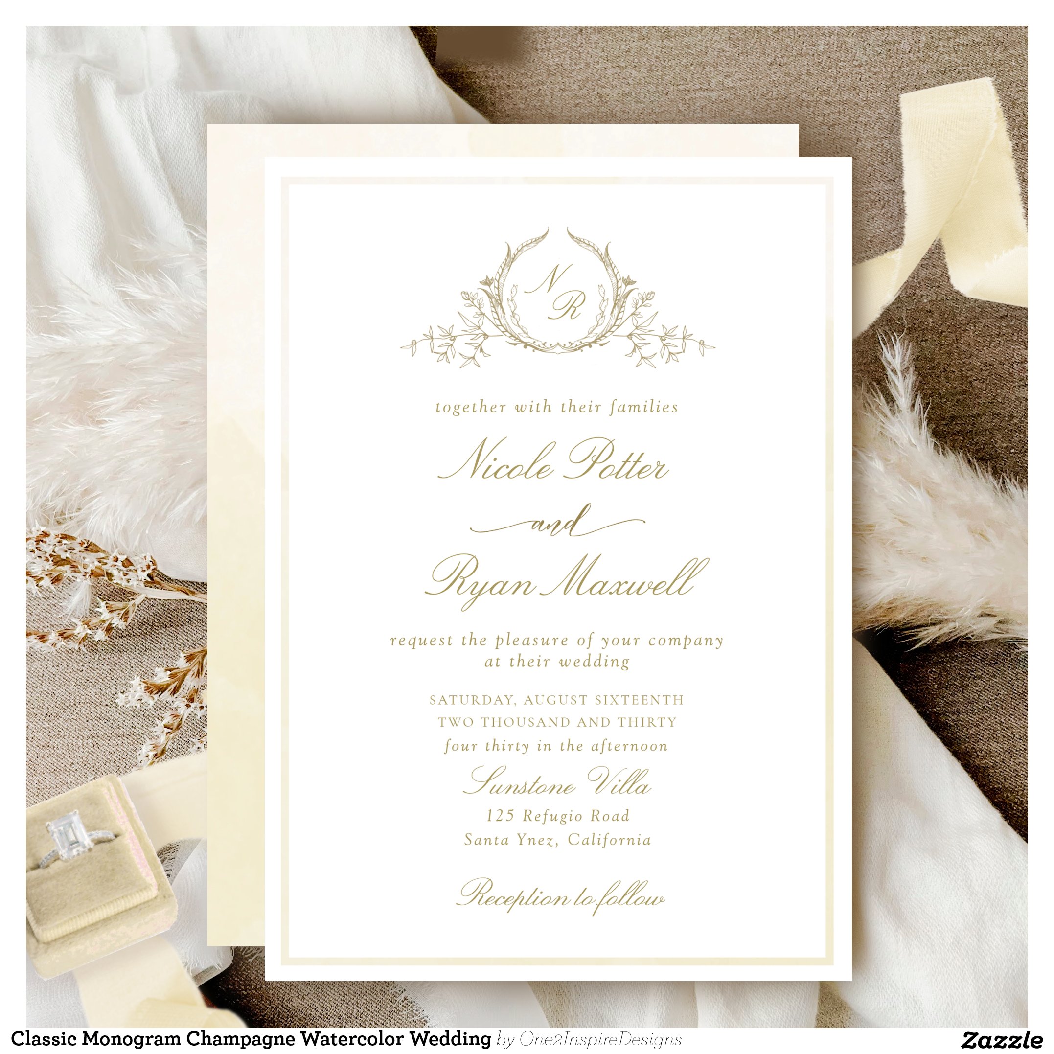 Classic Monogram Champagne Watercolor Wedding Invitation