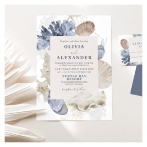 Coastal beach blue seashell wedding Invitation
