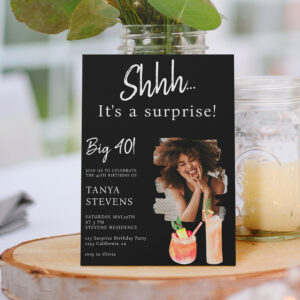 Cocktails black photo surprise forty birthday invitation