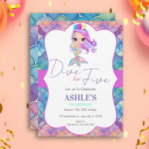 Colorful Dive Into Five Mermaid 5th Birthday Invitation