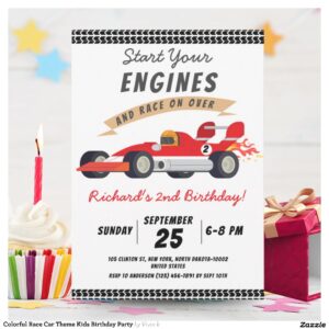 Colorful Race Car Theme Kids Birthday Party Invitation